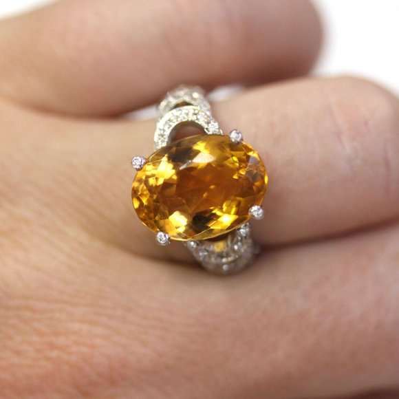7.2 ctw Natural Yellow Citrine & Diamond Cocktail Ring 14K White Gold - Picture 5 of 7